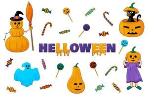 Halloween impostato con colorato vacanza simboli. zucca, nero gatto, caramella, costume, pupazzo di neve e altro Halloween elementi. testo. vettore