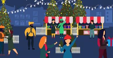 Natale mercato negozio vettore inverno carta illustrazione città. persone su strada con coppia cittadina stile di vita vacanza striscione. celebrazione sfondo con regalo e albero. natale contento evento manifesto nuovo anno