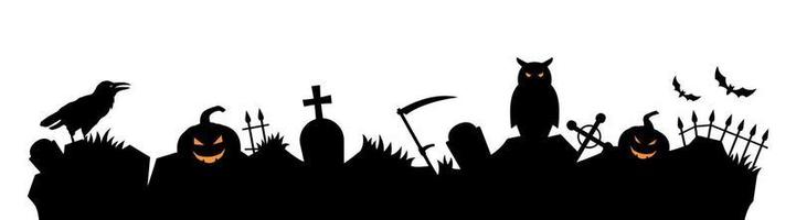 spaventoso mezzanotte cimitero. orizzontale vettore bandiera per Halloween vacanza. silhouette di gufo, zucche, corvo eccetera.