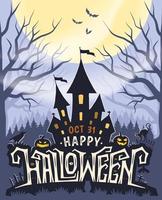 contento Halloween manifesto con lettering e castello silhouette. vettore