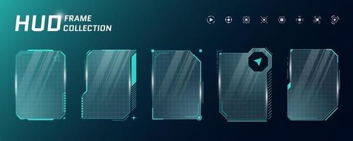 hud digitale futuristico utente interfaccia piazza verticale telaio impostare. sci fi alto Tech schermi. gioco menù toccare monitoraggio pannello di controllo pannelli. informatica spazio testa in su Schermo gui o FUI informazione vettore segni