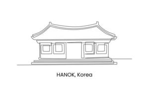 singolo uno linea disegno hanok tradizionale coreano Casa nel Corea. tradizionale Casa concetto. continuo linea disegnare design grafico vettore illustrazione.