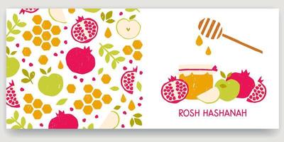 striscione rosh hashanah con mele e melograni con miele. simboli tradizionali del capodanno ebraico vettore