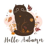 autunno gatto illustrazione e il iscrizione Ciao autunno. vettore grafica
