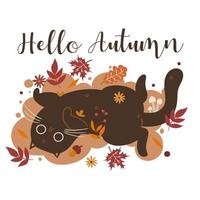 autunno gatto illustrazione e il iscrizione Ciao autunno. vettore grafica