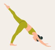 donna che indossa abiti sportivi che fanno yoga. giovane ragazza magra che fa yoga. illustrazione vettoriale colorata disegnata a mano. perdita di peso. concetto di assistenza sanitaria e stile di vita. yoga femminile.