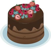 vettore isometrico cioccolato torta con assortito frutti di bosco, mirtilli, fragole, lamponi
