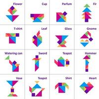 tangram puzzle. impostato di tangram oggetti. sega per bambini. vettore impostare. vettore illustrazione
