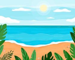 tropicale spiaggia cartone animato panorama. soleggiato giorno. estate vacanza su il sabbioso costa. universale sfondo confezione e cartolina. vettore illustrazione, piatto