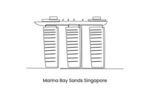 continuo uno linea disegno marina baia sabbie costruzione, Singapore. punti di riferimento concetto. singolo linea disegnare design vettore grafico illustrazione.