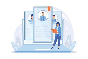 gestione delle risorse umane. analisi del lavoro, sourcing, screening e selezione. personaggio dei cartoni animati femminile che legge le domande di lavoro e il cv dei candidati. illustrazione vettoriale