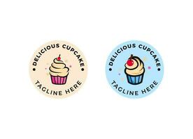 Cupcake negozio logo. il giro lineare logo di torta memorizzare su nero sfondo.
