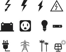 nero elettricità icona impostato su bianca sfondo. impostato di energia icone. elettrico cartello. piatto stile. vettore