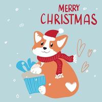 carino corgi con un' regalo e un' nuovo anni cappello. Natale carta. vettore