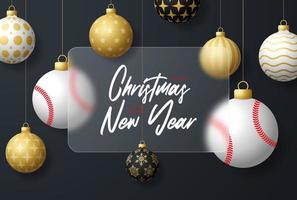 baseball Natale vendita bandiera o saluto carta. contento nuovo anno e allegro Natale sport bandiera con vetromorfismo, morfismo vetroso o bicchiere morfismo sfocatura effetto. realistico vettore illustrazione