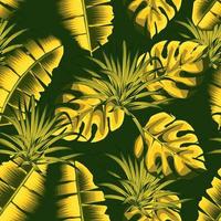 verde monocromatico banane Monstera le foglie senza soluzione di continuità modello con tropicale pianta e fogliame su buio sfondo. alla moda struttura. giungla Stampa. tropicale sfondo. estate arredamento. autunno. primavera vettore