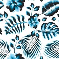 tropicale sfondo senza soluzione di continuità modello con Vintage ▾ blu monocromatico impianti le foglie e fogliame su bianca sfondo. Banana Monstera le foglie. gelsomino fiori. floreale sfondo. botanico sfondo vettore