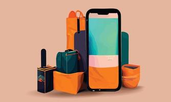 in linea shopping o consegna concetto illustrazione 3d vettore mostrare carrello, borse e scatole. moderno di moda design luminosa colori su smartphone