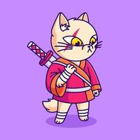 carino gatto ninja con spada cartone animato illustrazione. samurai gatto design vettore