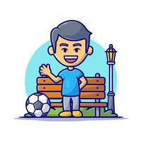 carino ragazzo giocando calcio nel il parco cartone animato vettore icona illustrazione. persone sport icona concetto isolato premio vettore. piatto cartone animato stile