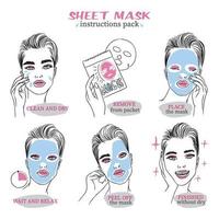 cosmetico foglio maschera per il viso, moda Istruzioni per utilizzando un' foglio maschera vettore