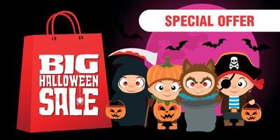 grande Halloween vendita manifesto o flayer per vacanza. divertente bambini nel Halloween costumi. speciale offrire Halloween grafico design vettore