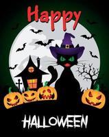 contento Halloween grafico design. Halloween sfondo con divertente zucche e di strega Casa, Halloween gatto vettore