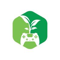 eco gioco vettore logo design. verde gamepad fresco foglia natura logo design.