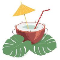 cocktail nel un' Noce di cocco conchiglia con un ombrello e cannuccia nel di moda tonalità con esotico Monstera le foglie vettore
