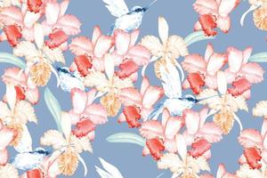 senza soluzione di continuità modello di colibrì e orchidee dipinto con acquerello su blu sfondo.per floreale modelli dipinto con acquerelli con elegante modelli per distruttivo tessuti e sfondi. vettore