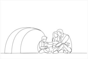 cartone animato di contento famiglia giocando gioco durante campeggio viaggio nel natura. tenda a campeggio. continuo linea arte vettore