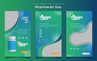 impostato di sociale media modello nel verde e blu sfondo per mondo farmacista giorno campagna design vettore