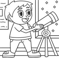 ragazzo utilizzando telescopio colorazione pagina per bambini vettore