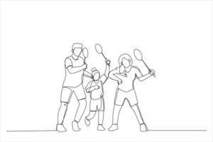 disegno di famiglia con badminton racchette e volano. singolo continuo linea arte vettore