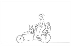 disegno di madre con Due bambini equitazione biciclette. singolo linea arte stile vettore