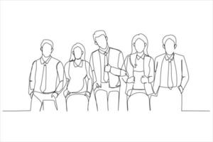 cartone animato di contento persone nel Abiti adatto per ufficio vestito codice in piedi. singolo continuo linea arte stile vettore