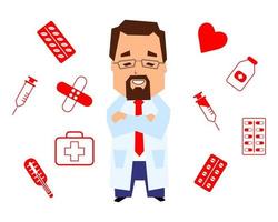 medico e rosso medico icone, termometro, siringa, adesivo malta, pillole su bianca sfondo. farmaceutico e medico concetto.
