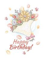 mazzo di contento compleanno lettering saluto carte con fiori vettore