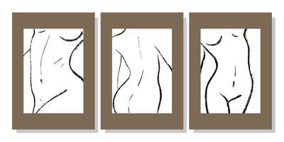 set di stampe per il corpo della donna di linea alla moda. poster estetico contemporaneo di figura femminile. design scandinavo moderno. arte del corpo nudo. disegno minimalista di linee nere. vettore