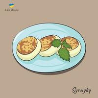 piatto di nazionale ucraino cucina, torte di formaggio, cheesecake su un' blu piatto, piatto vettore su un' beige sfondo
