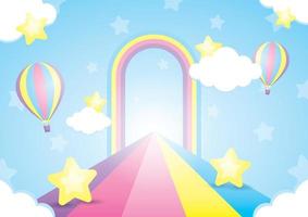 kawaii stile arcobaleno modo e arco con nube e stelle su blu cielo 3d illustrazione vettore