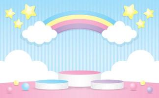 carino kawaii colorato podio Schermo con arcobaleno e nube 3d illustrazione vettore per mettendo il tuo oggetto