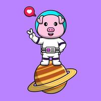 carino maiale astronauta su pianeta con pace mano cartone animato vettore icona illustrazione. piatto cartone animato concetto