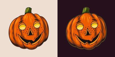 Halloween zucca con raggiante occhi e contento Sorridi. stilizzazione per contento del bambino viso viso con lentiggini. vettore illustrazione isolato su un' bianca e nero sfondo.