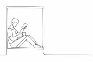 singolo continuo linea disegno confortevole rilassante a casa con smartphone e caldo bere. giovane uomo seduta su davanzale con caffè, godendo riposo a casa. uno linea disegnare design vettore illustrazione