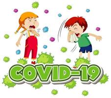 poster di coronavirus con bambini che tossiscono e testo covid-19 vettore