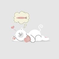 carino e bello mano disegnato gatto abbracciare cuore e pensare di pesce, contento San Valentino giorno, amore concetto, piatto vettore illustrazione cartone animato personaggio costume design