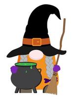 cartone animato Halloween gnomo strega illustrazione con calderone e scopa. isolato su bianca sfondo. grande per sublimazione disegno, stampe. vettore