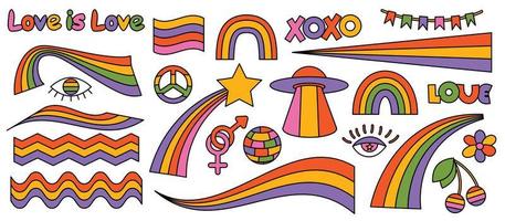 set di elementi psichedelici arcobaleno cool retrò hipster. una raccolta di clipart groovy iridescenti degli anni '70. tratto modificabile. disegno astratto di adesivi dei cartoni animati. illustrazione vettoriale di tendenza