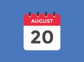 agosto 20 calendario promemoria. 20 agosto quotidiano calendario icona modello. calendario 20 agosto icona design modello. vettore illustrazione